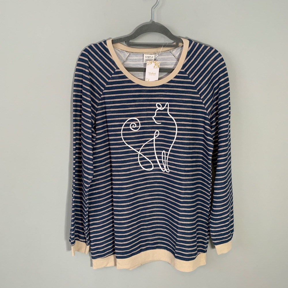 NEW Suzanne Betro‎ Womens 4X Blue Taupe Striped Cat Raglan Sweatshirt
